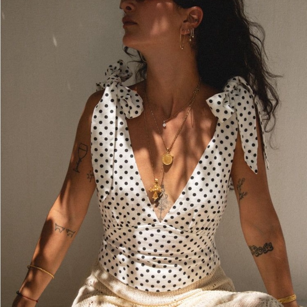 Vrg Grl White and Black Polka Dot Tie-Shoulder V-Neck Tank Top